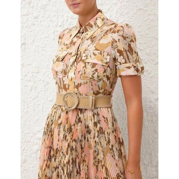 Zimmermann Pop Pleated Belted Midi Shirt Dress SS24 - Gold/Peach Floral $950 - Picture 7 of 9